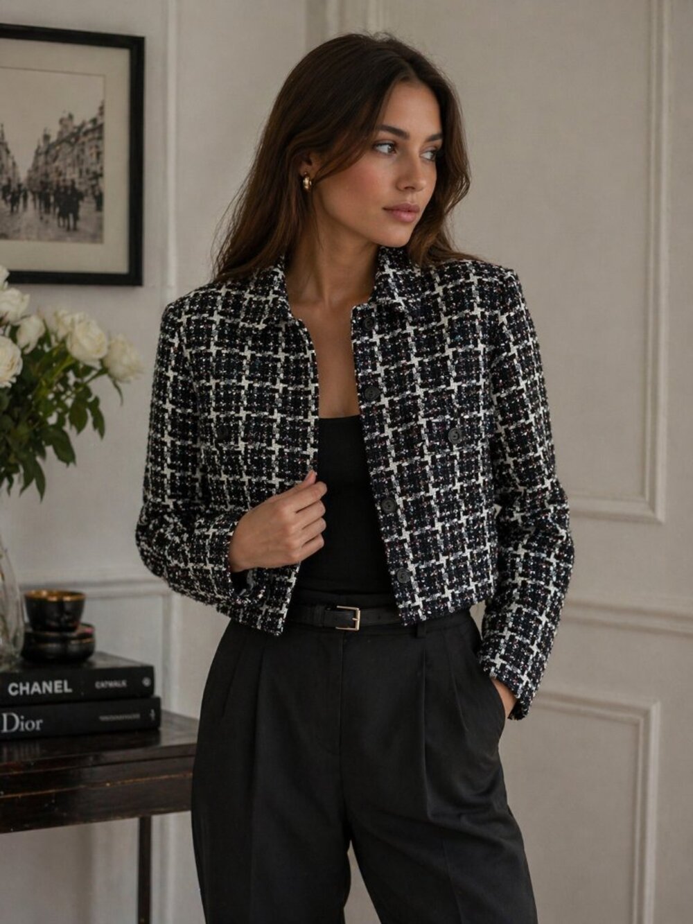 LOFT Petites Tweed Jacket LP Black White Cropped Blazer Metallic Thread Classic